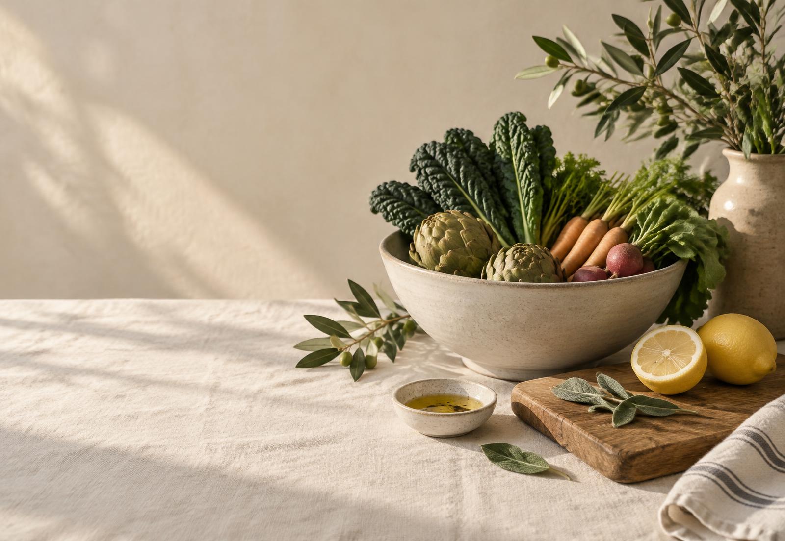 Mesa con vegetales frescos, alcachofas, zanahorias y ramas de olivo bajo luz natural